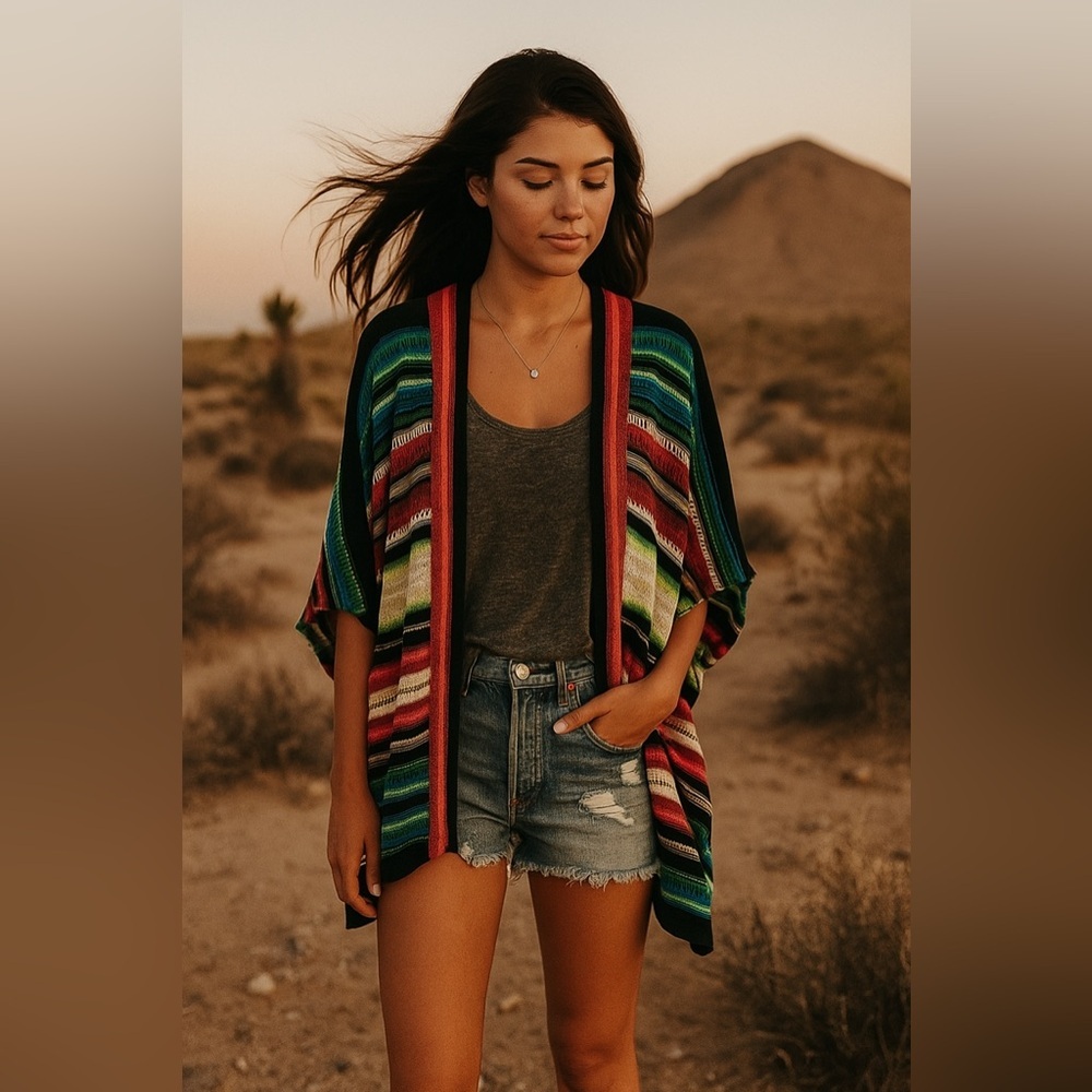 Lauren Ralph Lauren Tribal-Aztec Linen Blend Crochet Open Cardigan‎ Shawl OS
